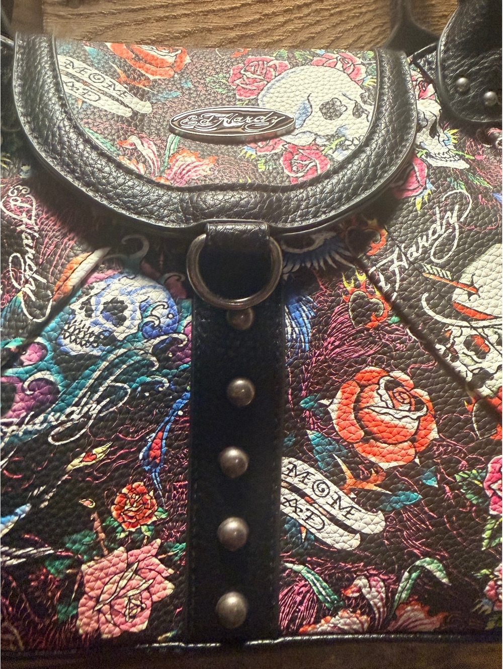 Ed Hardy Black Skull Rose Tattoo Satchel Handbag Purse NWT - Picture 3 of 5